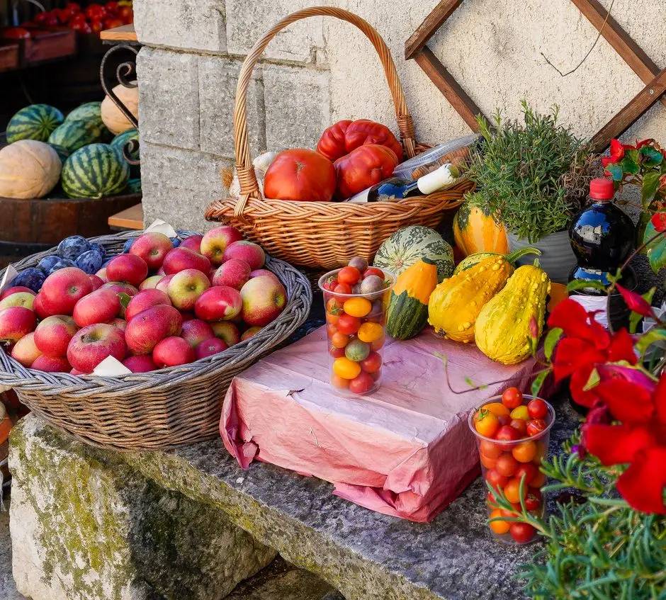 Colorful farmers market display of fresh organic produce