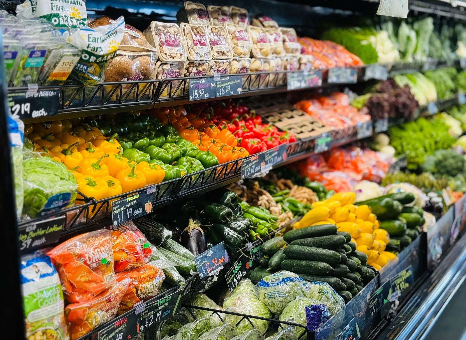 Colorful fresh produce display at a grocery store
