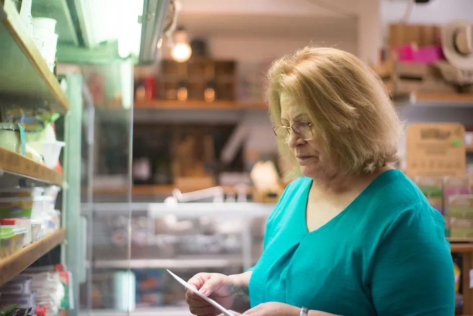 Shopper checking a grocery list while comparing weekly ad prices in a store aisle